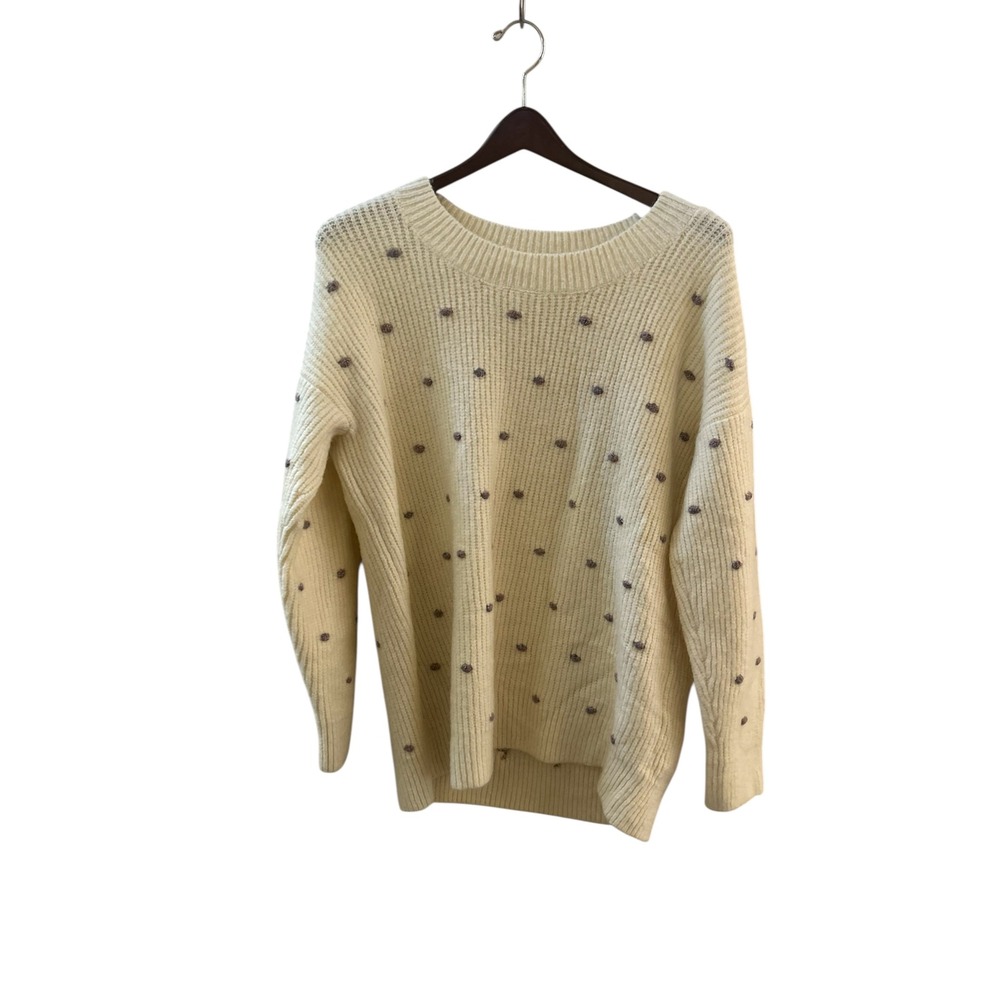 LOFT Lou & Grey Cream Knit Sweater with Purple Dot Embellishments Size‎ L